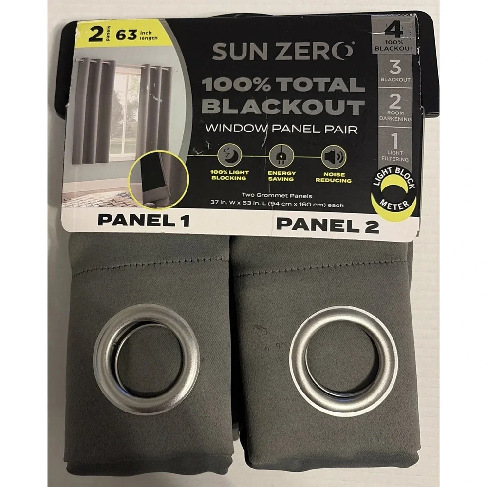 Sun Zero Gray Blackout Window Curtains 2 Panels with Grommets 37 x 63 Each NEW